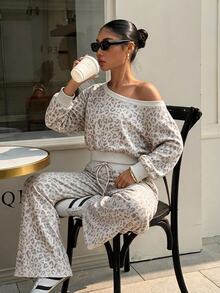 Muchica Women Fall Casual Leopard Print Two‑Piece Set, Off‑Shoulder Long Sleeve Sweatshirt & Drawstring High Waist Wide Leg Sweatpants Tracksuit Outfit - Multicolor - View 1