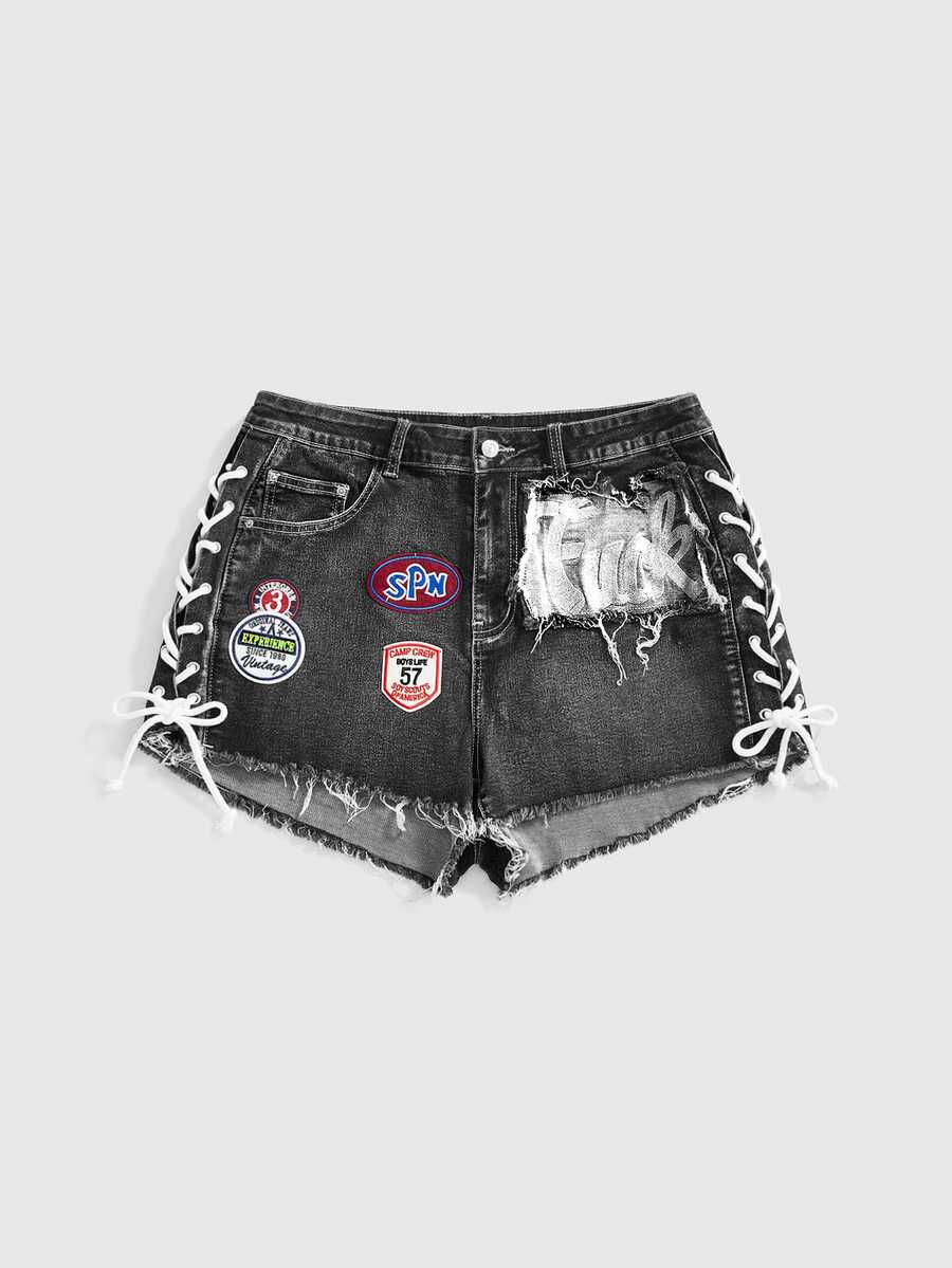 ROMWE Avant 大尺碼女款 Y2K 復古運動芭蕾學院風 口號 Logo 補丁刺繡飾邊 綁帶低腰迷你緊身性感牛仔短褲 - 黑色 - 查看 1