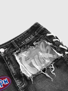 ROMWE Avant 大尺碼女款 Y2K 復古運動芭蕾學院風 口號 Logo 補丁刺繡飾邊 綁帶低腰迷你緊身性感牛仔短褲 - 黑色 - 查看 3