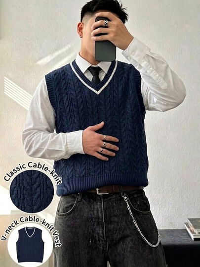 Resyla Men Men's Knitted Sweater Contrast V-Neck, 3D Textured Cable Knit, Minimalist Streetwear Casual Preppy Style, Autumn Navy Blue White Office