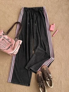 Attitoon 女款休閒復古低腰直筒運動長褲，復古、休閒、夏季、街頭風、外出穿搭 - 黑色 - 查看 3