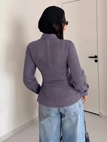 Solavon Women's Korean Style Fashion Single-Breasted Ruched Waist Long Sleeve Blouse - Purple - View 8