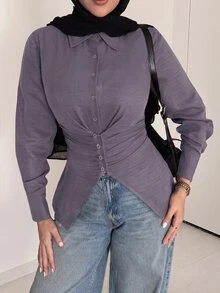 Solavon Women's Korean Style Fashion Single-Breasted Ruched Waist Long Sleeve Blouse - Purple - View 2