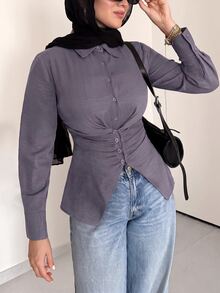 Solavon Women's Korean Style Fashion Single-Breasted Ruched Waist Long Sleeve Blouse - Purple - View 1