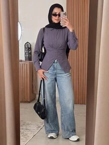 Solavon Women's Korean Style Fashion Single-Breasted Ruched Waist Long Sleeve Blouse - Purple - View 7