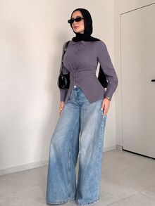 Solavon Women's Korean Style Fashion Single-Breasted Ruched Waist Long Sleeve Blouse - Purple - View 4