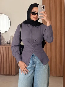 Solavon Women's Korean Style Fashion Single-Breasted Ruched Waist Long Sleeve Blouse - Purple - View 5