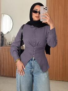 Solavon Women's Korean Style Fashion Single-Breasted Ruched Waist Long Sleeve Blouse - Purple - View 6