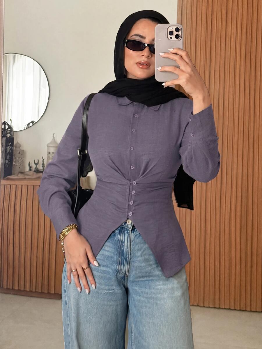 Solavon Women's Korean Style Fashion Single-Breasted Ruched Waist Long Sleeve Blouse Office Dusty Purple Autumn Elegant Modest - Purple - View 1