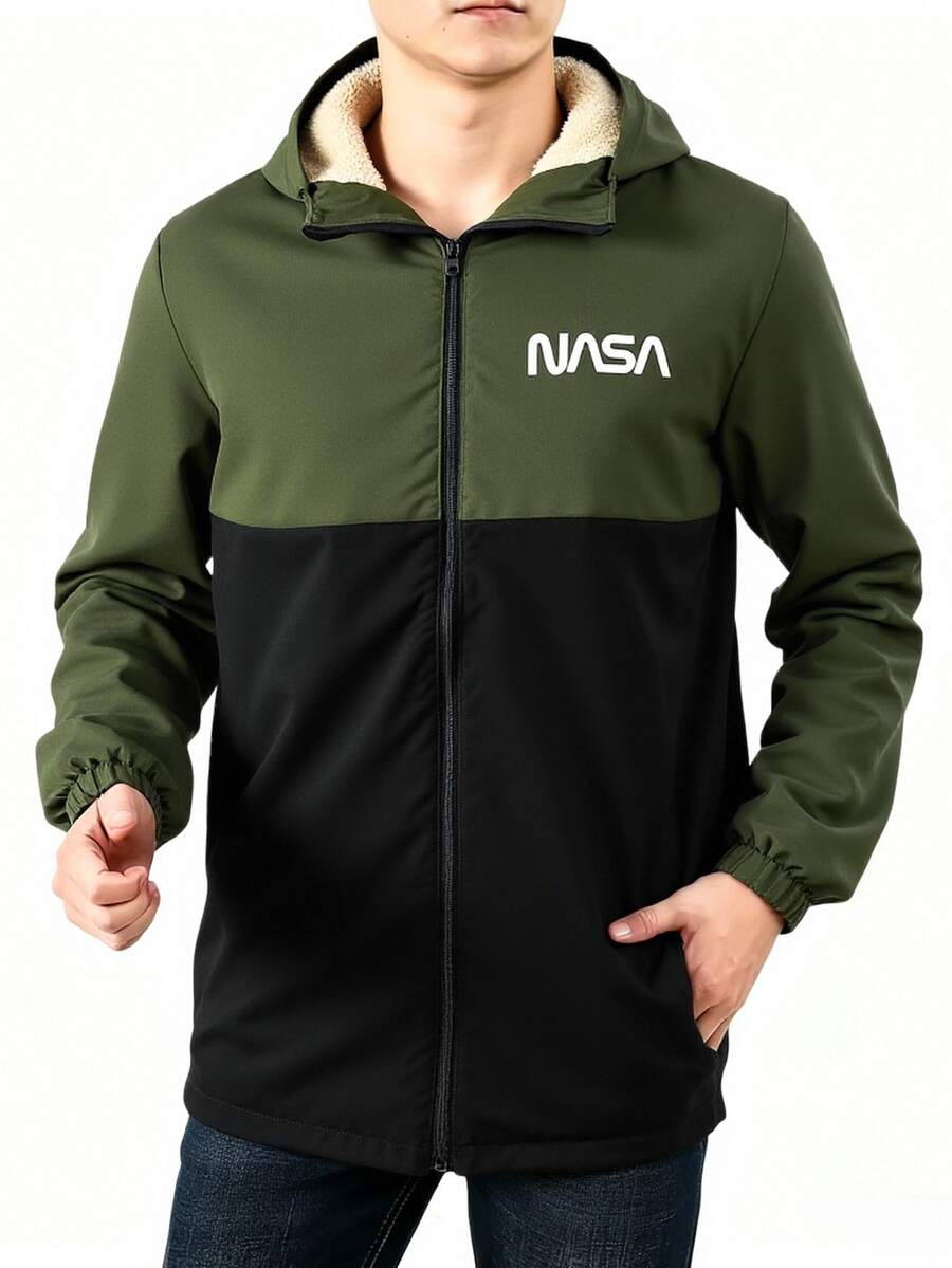 SHEIN Teenage Boys' Outdoor Sport Thickened Hoodie Jacket, Color Blocking Autumn - Army Green - View 1
