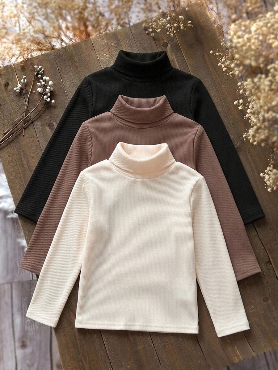 SHEIN Young Girl 3pcs Solid Color Knit Stand Collar Fitted Casual T-Shirt Set - Multicolor - View 1