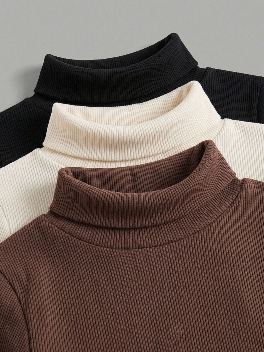 SHEIN 女童 3 件組 純色針織立領修身休閒 T 恤套裝 - 彩色 - 查看 1