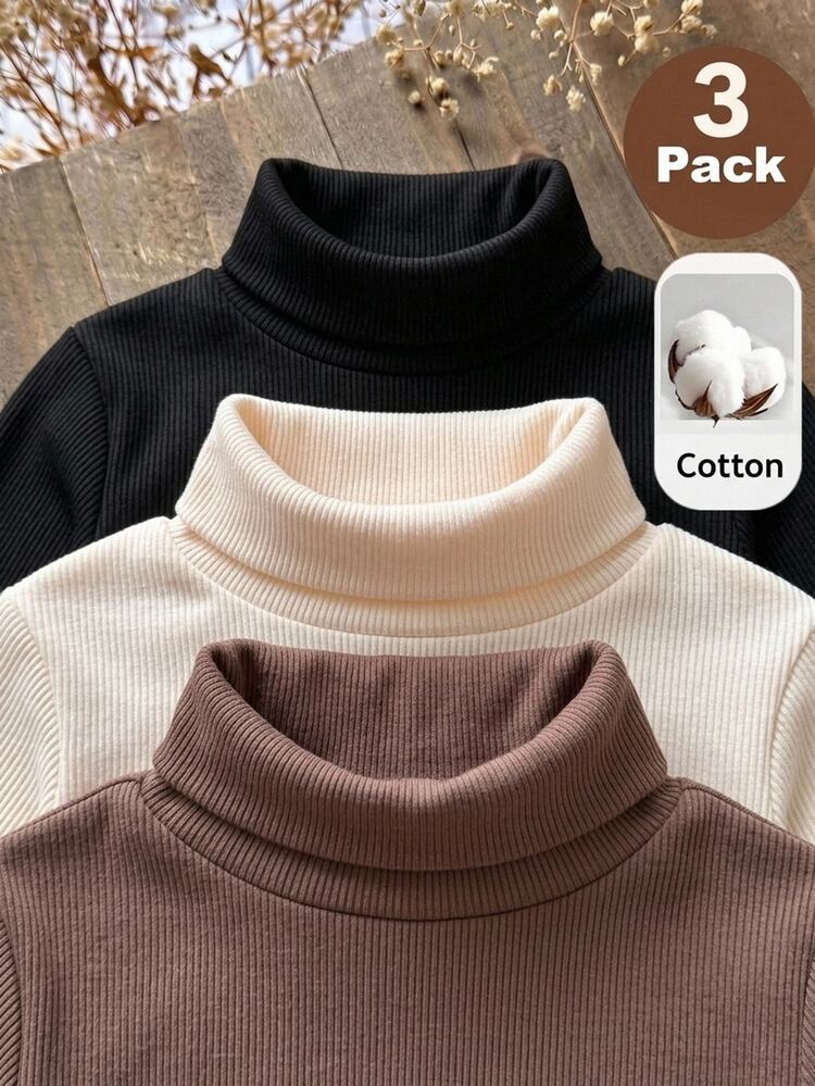 SHEIN Set Kaos Kasual Rajut Warna Polos 3 Potong untuk Anak Perempuan - MultiWarna - View 3