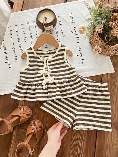 Baby Girl Knit Striped Round Neck Tank Top And Shorts,