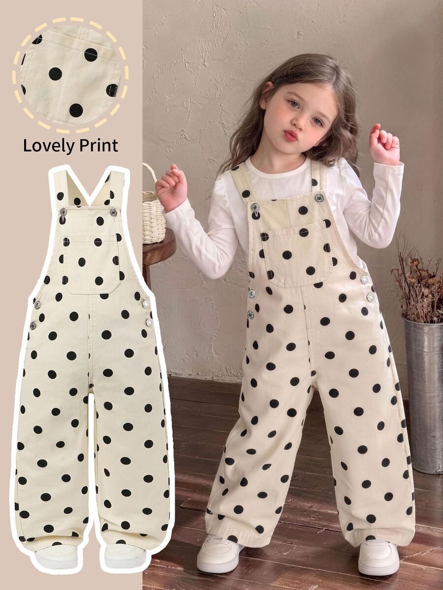 SHEIN Young Girls Back To School Black & White Polka Dot Denim Overalls ...