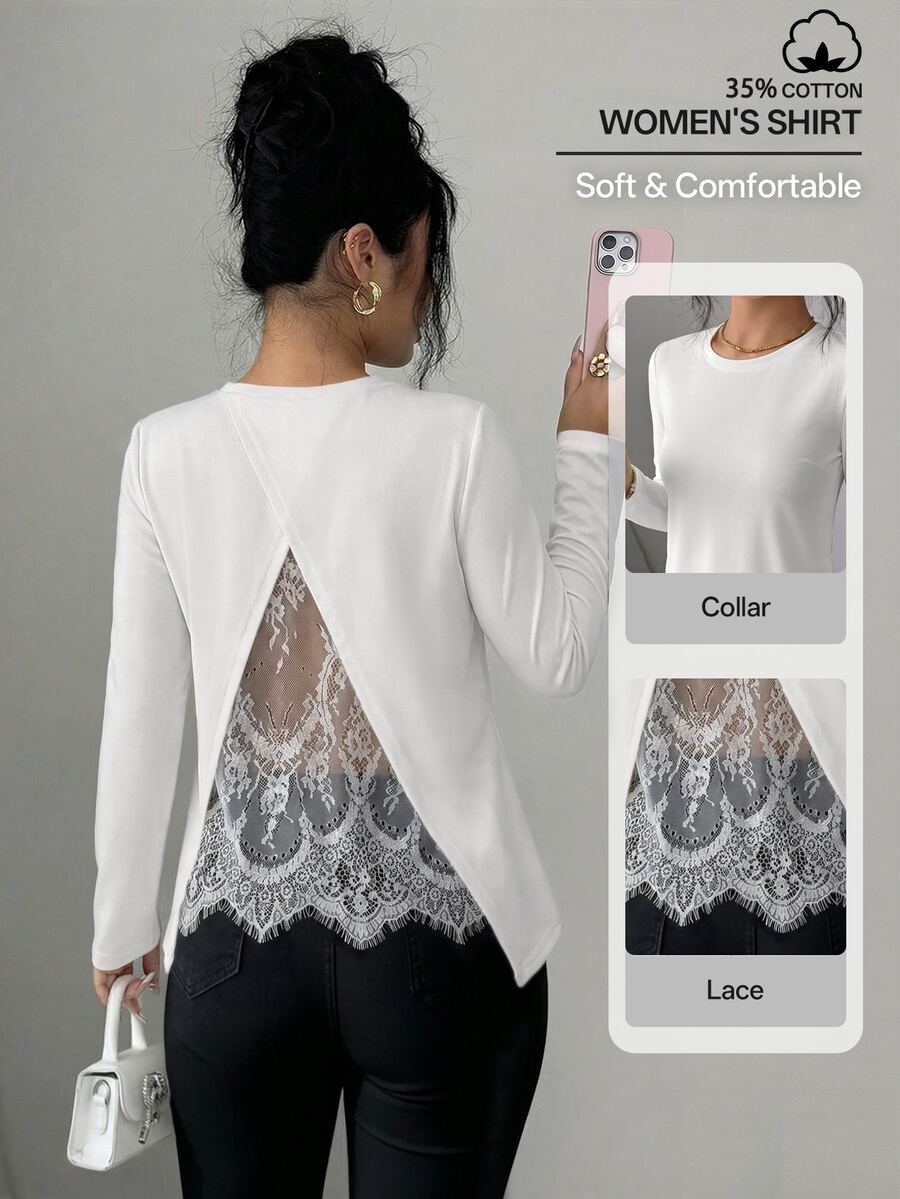 Elenzga Women's Fall/Winter Elegant Back Sheer Lace Design Pullover Long Sleeve Loose Fit T-Shirt Chic - Beige - View 1