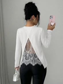 Elenzga Women's Fall/Winter Elegant Back Sheer Lace Design Pullover Long Sleeve Loose Fit T-Shirt Chic - Beige - View 5