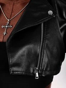 Amplova Chaqueta Moto Corta con Cremallera de Cuero PU para Otoño/Invierno - Negro - Ver 3