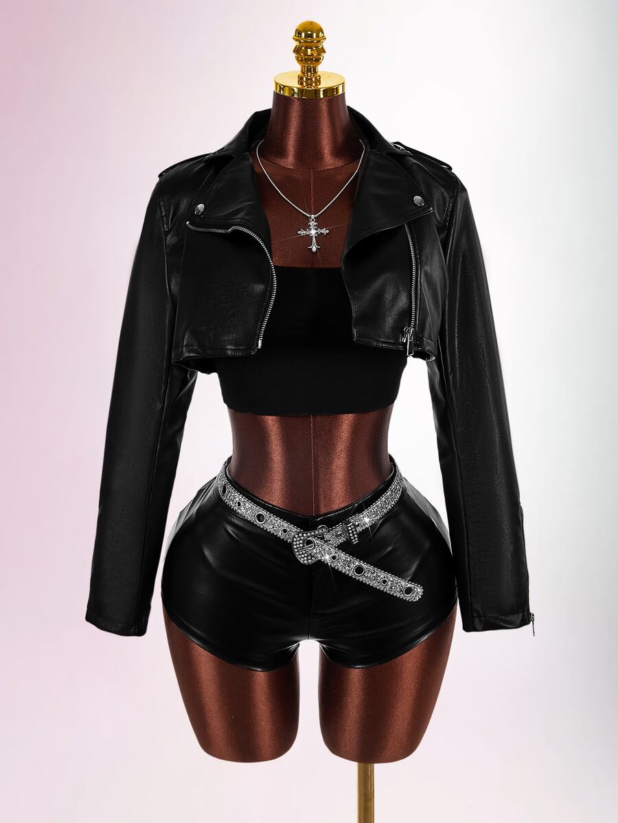 Amplova Chaqueta Moto Corta con Cremallera de Cuero PU para Otoño/Invierno - Negro - Ver 1