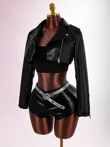 Amplova Chaqueta Moto Corta con Cremallera de Cuero PU para Otoño/Invierno - Negro - Ver 4
