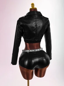 Amplova Chaqueta Moto Corta con Cremallera de Cuero PU para Otoño/Invierno - Negro - Ver 2