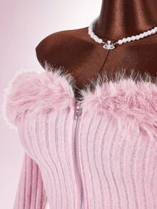 Amplova Off Shoulder Fuzzy Trim Crop Pink Jacket In Fall/Winter - Baby Pink - View 5
