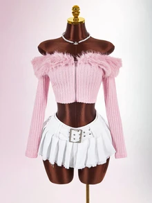 Amplova Off Shoulder Fuzzy Trim Crop Pink Jacket In Fall/Winter - Baby Pink - View 1