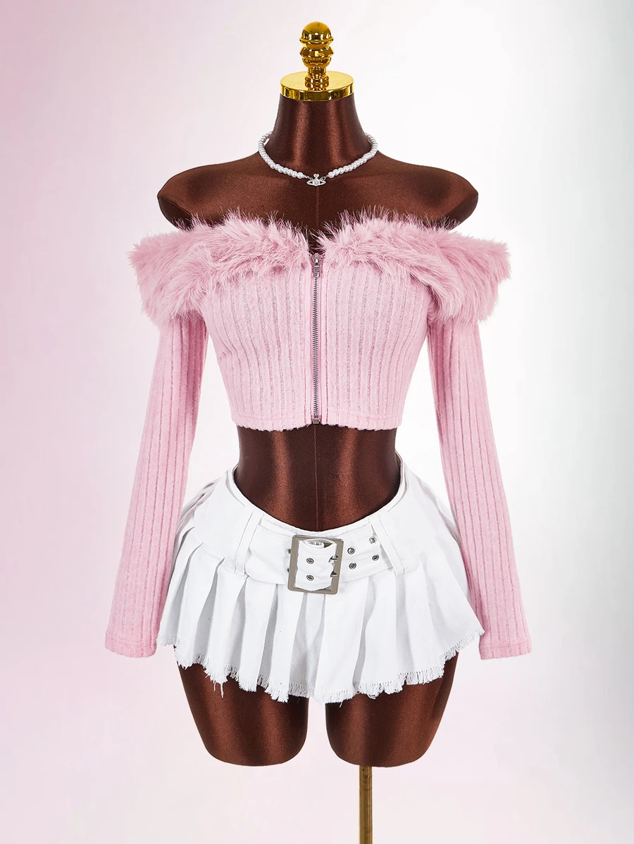 Amplova Off Shoulder Fuzzy Trim Crop Pink Jacket In Fall/Winter - Baby Pink - View 1