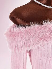 Amplova Off Shoulder Fuzzy Trim Crop Pink Jacket In Fall/Winter - Baby Pink - View 9