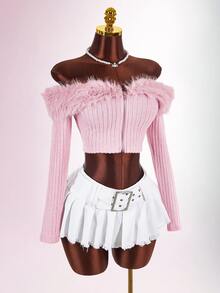 Amplova Off Shoulder Fuzzy Trim Crop Pink Jacket In Fall/Winter - Baby Pink - View 7