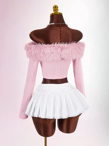 Amplova Off Shoulder Fuzzy Trim Crop Pink Jacket In Fall/Winter - Baby Pink - View 8