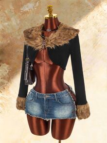 Amplova Sexy Faux Fur Collar Splicing Long Sleeve Slim Fit Cropped Jacket Fur Trim Crop Top In Fall/Winter - Black - View 7