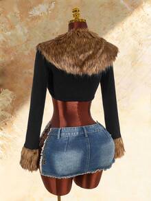 Amplova Sexy Faux Fur Collar Splicing Long Sleeve Slim Fit Cropped Jacket Fur Trim Crop Top In Fall/Winter - Black - View 2