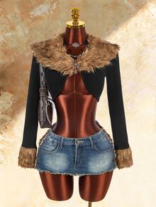 Amplova Sexy Faux Fur Collar Splicing Long Sleeve Slim Fit Cropped Jacket Fur Trim Crop Top In Fall/Winter - Black - View 1