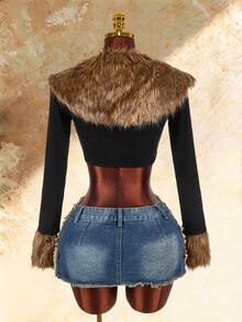 Amplova Sexy Faux Fur Collar Splicing Long Sleeve Slim Fit Cropped Jacket Fur Trim Crop Top In Fall/Winter - Black - View 4