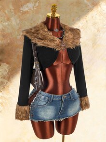 Amplova Sexy Faux Fur Collar Splicing Long Sleeve Slim Fit Cropped Jacket Fur Trim Crop Top In Fall/Winter - Black - View 9