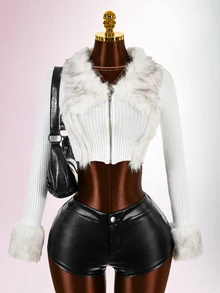Amplova Western Fuzzy Trim Zip Up Crop Cardigan In Fall/Winter - White - View 1