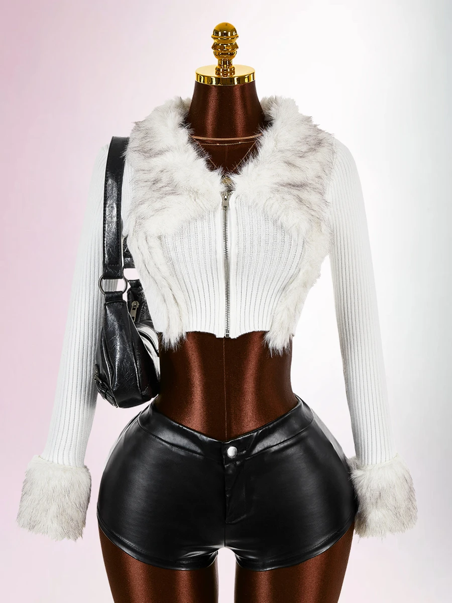 Amplova Western Fuzzy Trim Zip Up Crop Cardigan In Fall/Winter - White - View 1