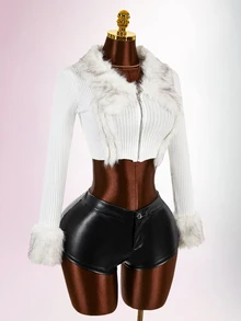 Amplova Western Fuzzy Trim Zip Up Crop Cardigan In Fall/Winter - White - View 10