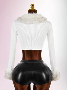 Amplova Western Fuzzy Trim Zip Up Crop Cardigan In Fall/Winter - White - View 2