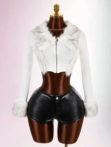 Amplova Western Fuzzy Trim Zip Up Crop Cardigan In Fall/Winter - White - View 7