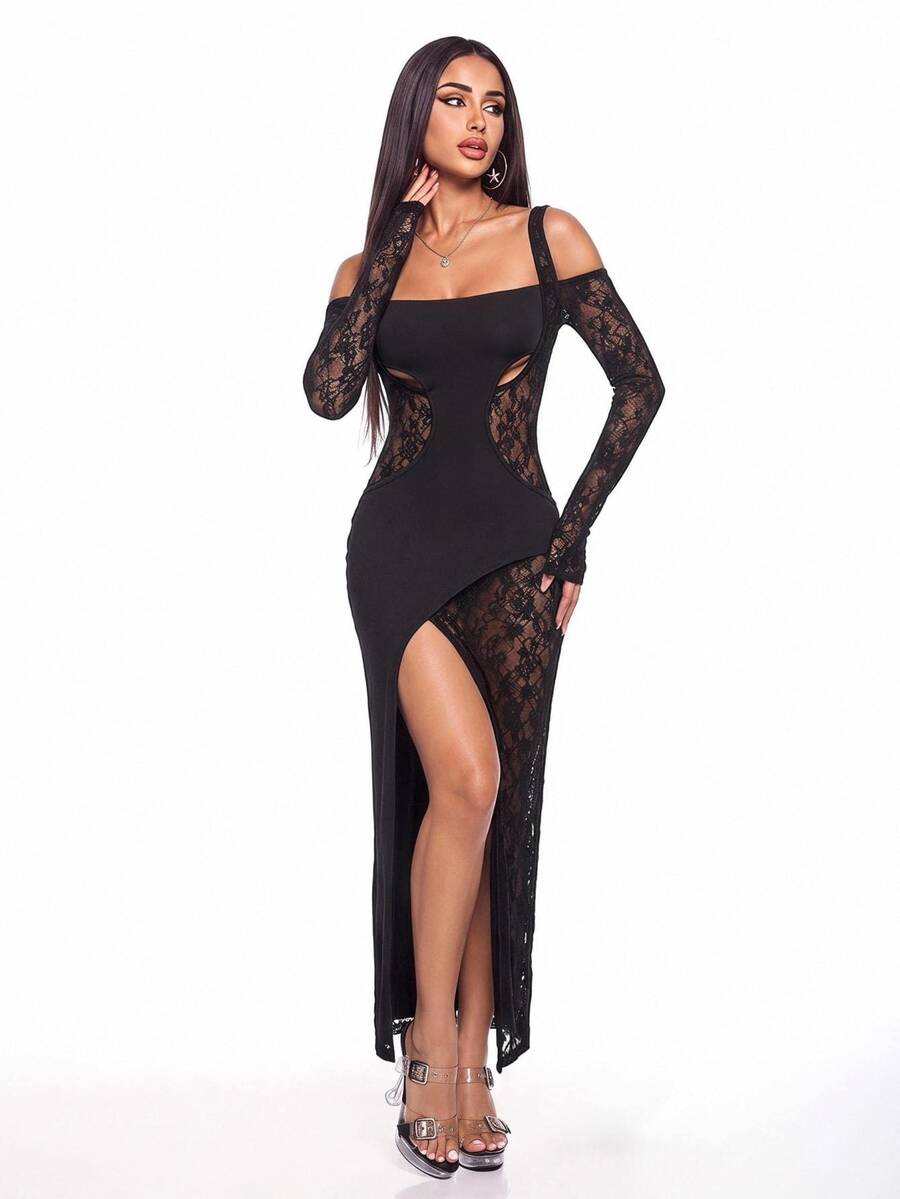 SHEIN ICON Ladies' Y2k Lace Panel Off Shoulder Bodycon Long Dress - Black - View 1