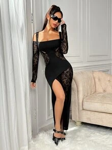 SHEIN ICON 女款 Y2k 蕾絲拼接露肩修身長連身裙 - 黑色 - 查看 5
