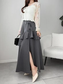 FRIFUL Women's Multi-Layer Ruffle Asymmetric Hem Patchwork Skirt - Grey - View 6