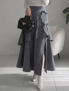 FRIFUL Women's Multi-Layer Ruffle Asymmetric Hem Patchwork Skirt - Grey - View 1