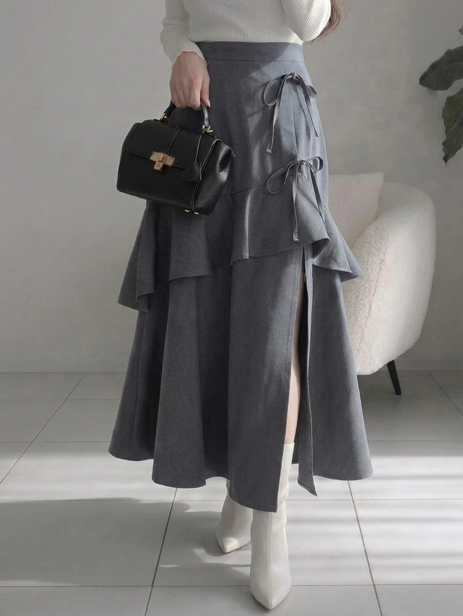 FRIFUL Women's Multi-Layer Ruffle Asymmetric Hem Patchwork Skirt - Grey - View 1