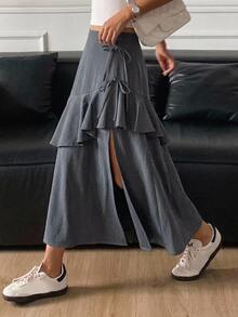 FRIFUL Women's Multi-Layer Ruffle Asymmetric Hem Patchwork Skirt - Grey - View 8