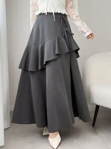 FRIFUL Women's Multi-Layer Ruffle Asymmetric Hem Patchwork Skirt - Grey - View 7