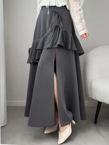 FRIFUL Women's Multi-Layer Ruffle Asymmetric Hem Patchwork Skirt - Grey - View 5