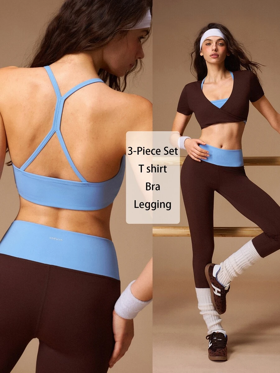 VARSIVA Women's Solid Color Short Sleeve Cropped Top And Leggings Sports Activewear Set